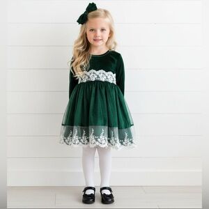 Girl’s Stretch Velvet Emerald & Lace Long Sleeve Dress